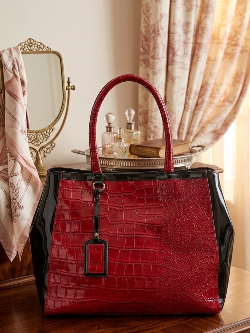 Red Croc-Embossed Tote Bag with Black Trim